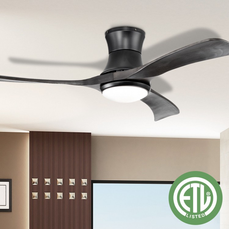 52-inch black flush mount ceiling fan with LED light, 3 wood blades, remote control, ideal for living rooms and.